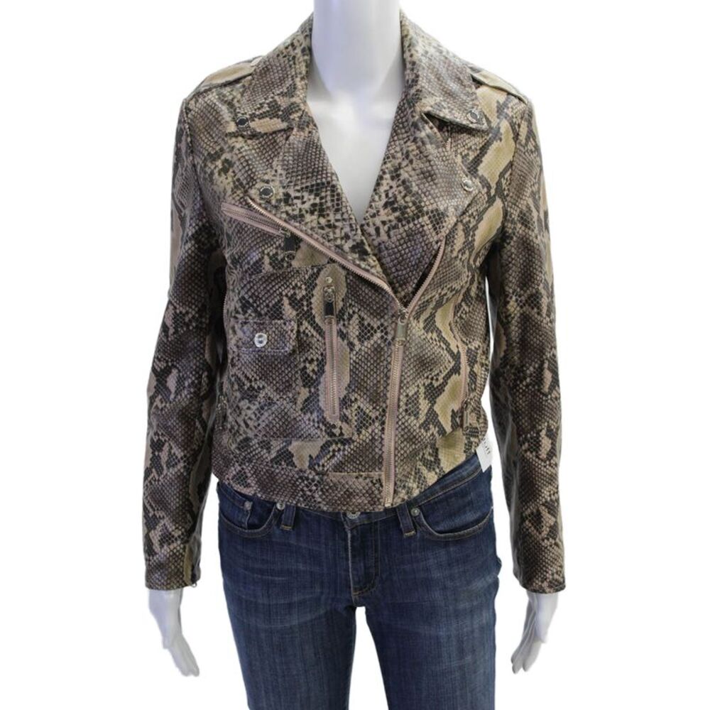 Max & Co Womens Biker Motorcycle Jacket Beige Animal Print Collared Size 4